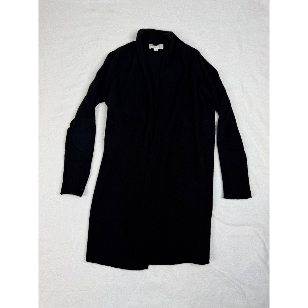 White + Warren Essentials Black 100% Cashmere Long Cardigan Elbow Patches Large